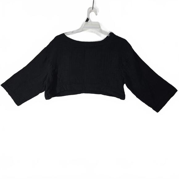 Free People Black Gauze Cotton Cropped Boxy Top Blouse Sz M Keyhole Back Boho - Picture 1 of 7